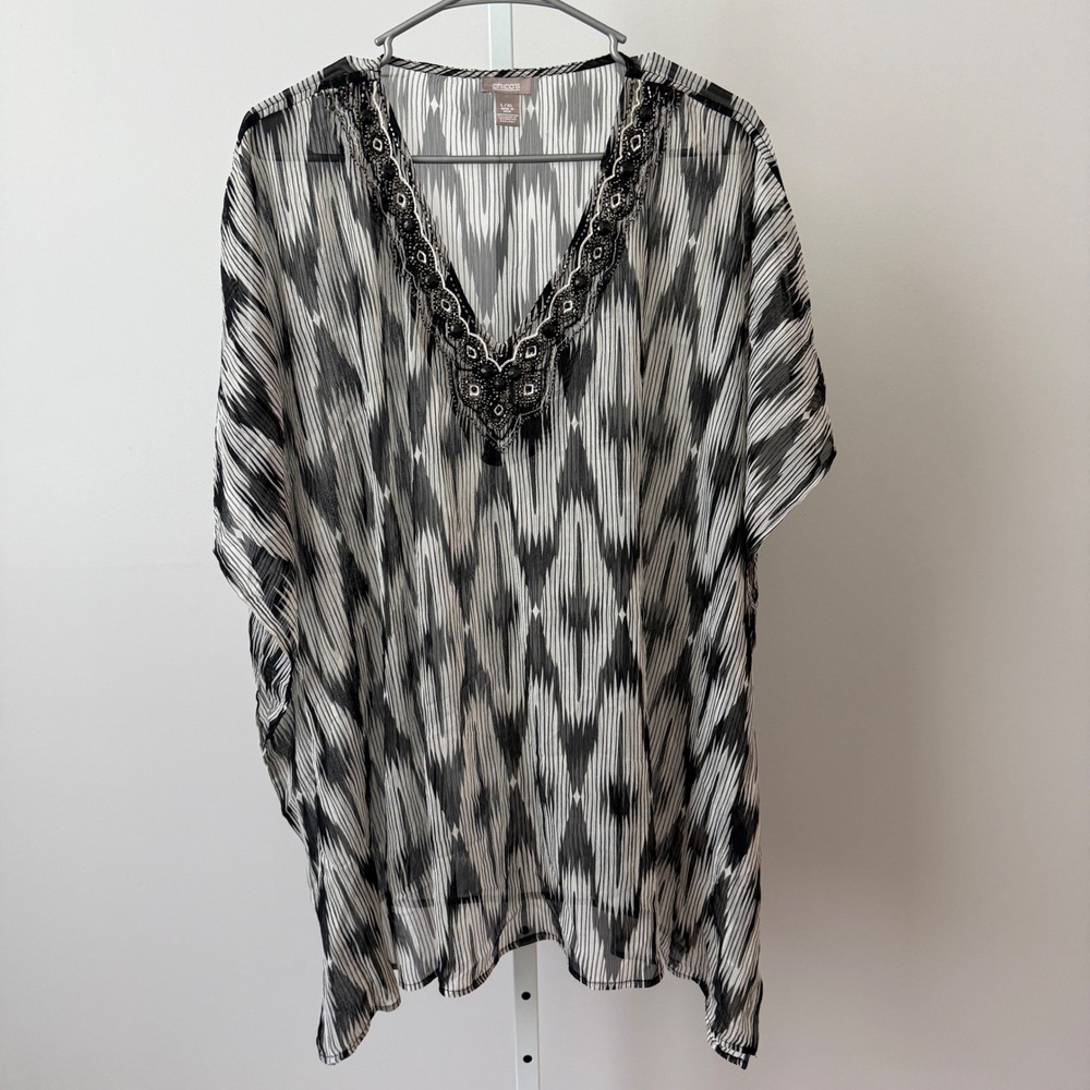 Chico's Boho Flowy Beachy Beaded Ikat Sheer Kaftan Poncho Top L/XL Black White